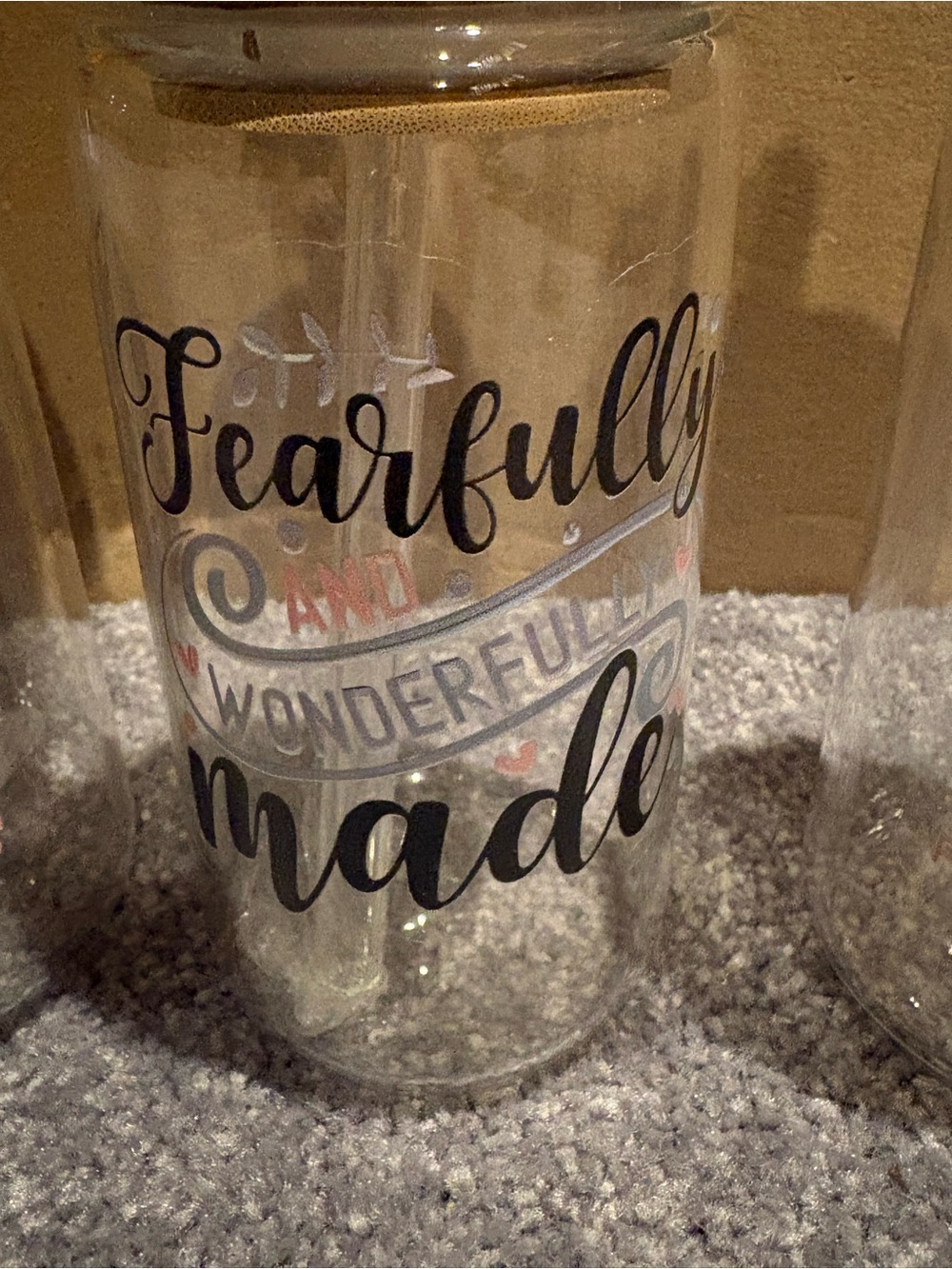 Clear Glass Jar with 'Fearfully and Wonderfully Made' Script - Black & Pink